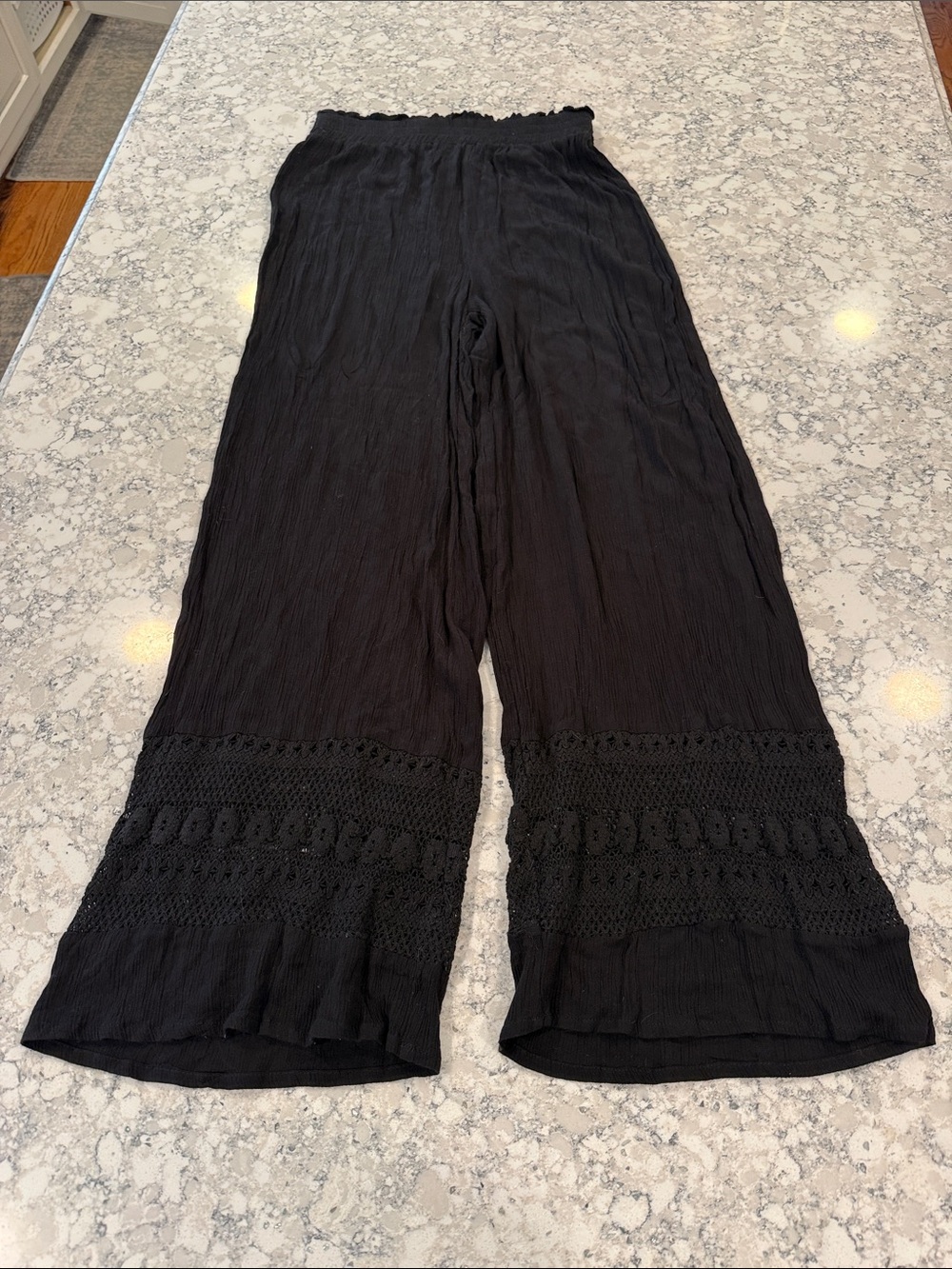 Japna Beachwear Black Crochet Wide Leg Swim Coverup Pants size M elastic waist